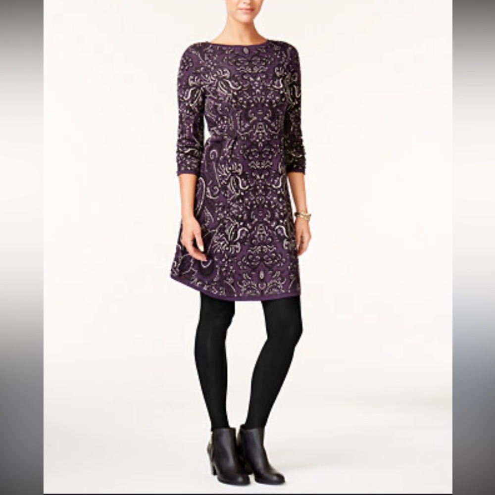 - Style & Co Women's Ribbed Knit Sweater Dress Purple‎ Paisley Sz Medium 10…